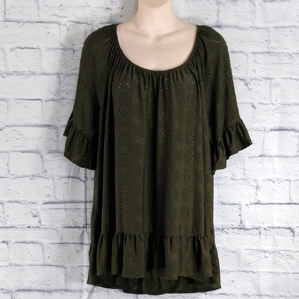 🔵BOGO FREE🔵  Perception Woman Top Olive Green Eyelet Boho Sleeves Sz 2X